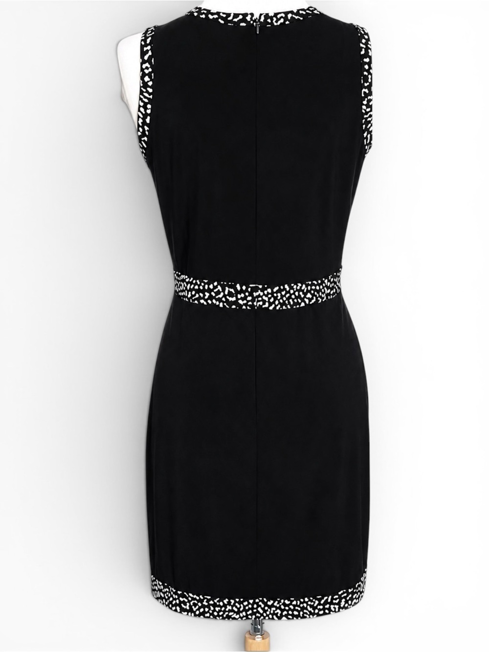 Michael Kors Black Faux Wrap Dress Animal Print Trim Sleeveless Midi Size Medium - Picture 6 of 10